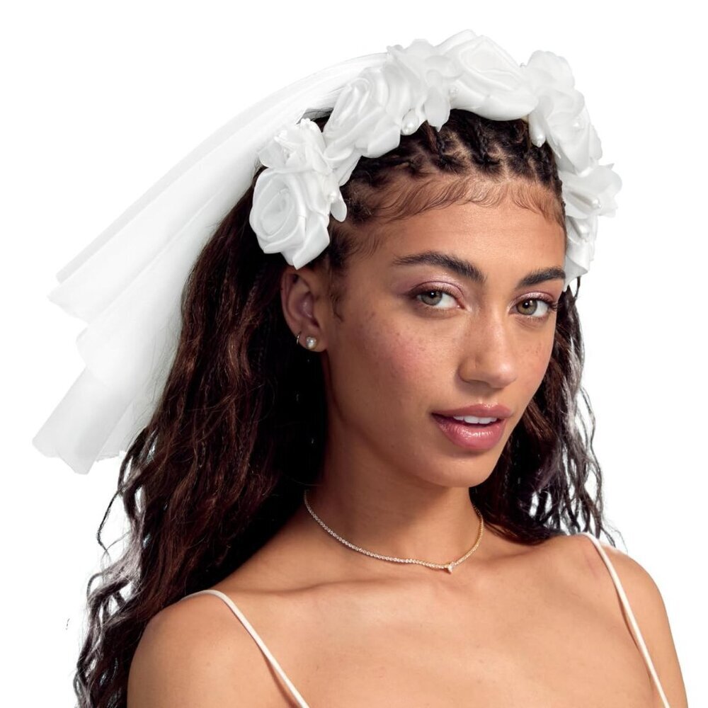 🆕Women White Rosette Tulle Pearl Headband Veil Hairpiece Bridal Accessory